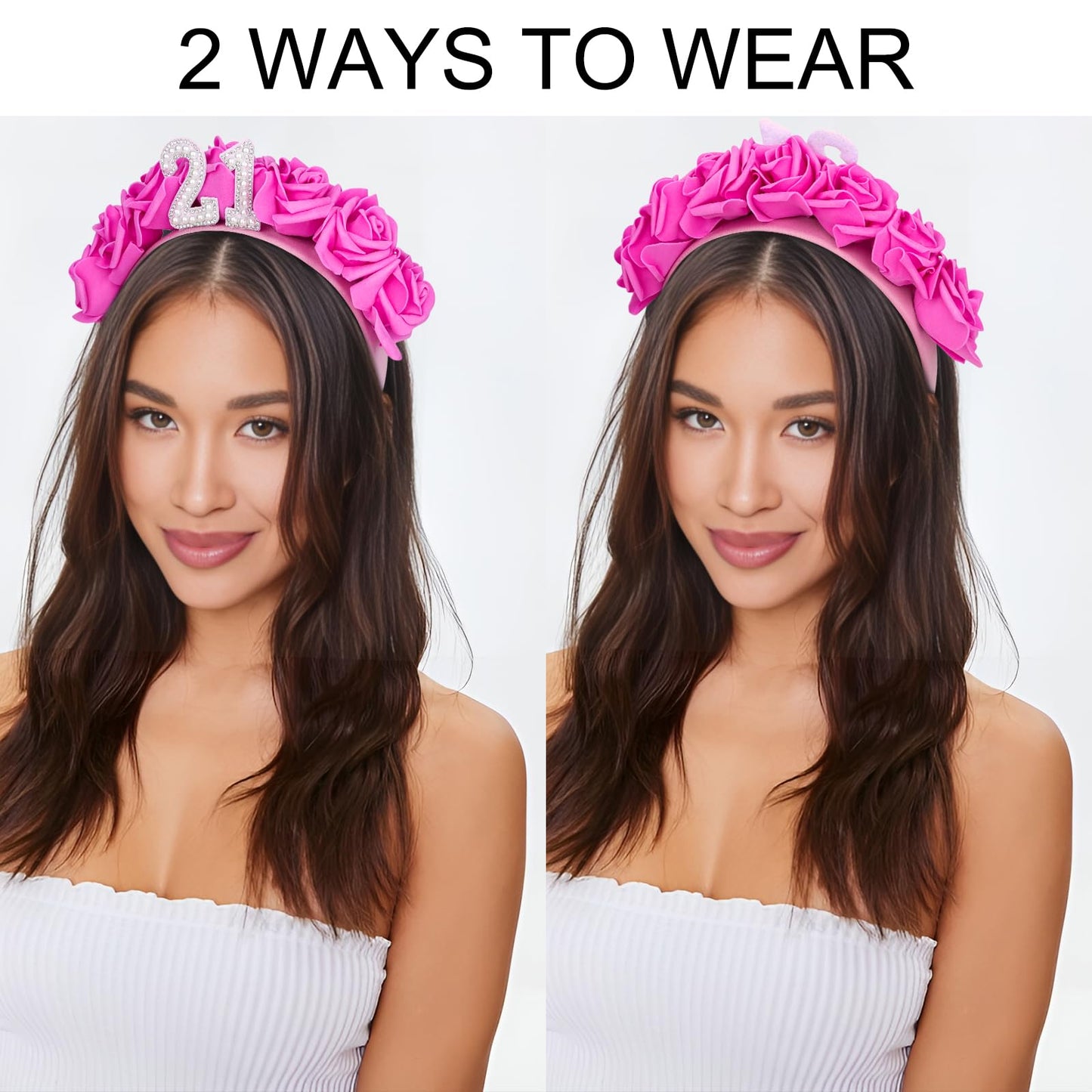 Wecoe Hot Pink Floral Headband Crown Tiara for 21st Birthday - Party Favors, Hair Accessory for Her