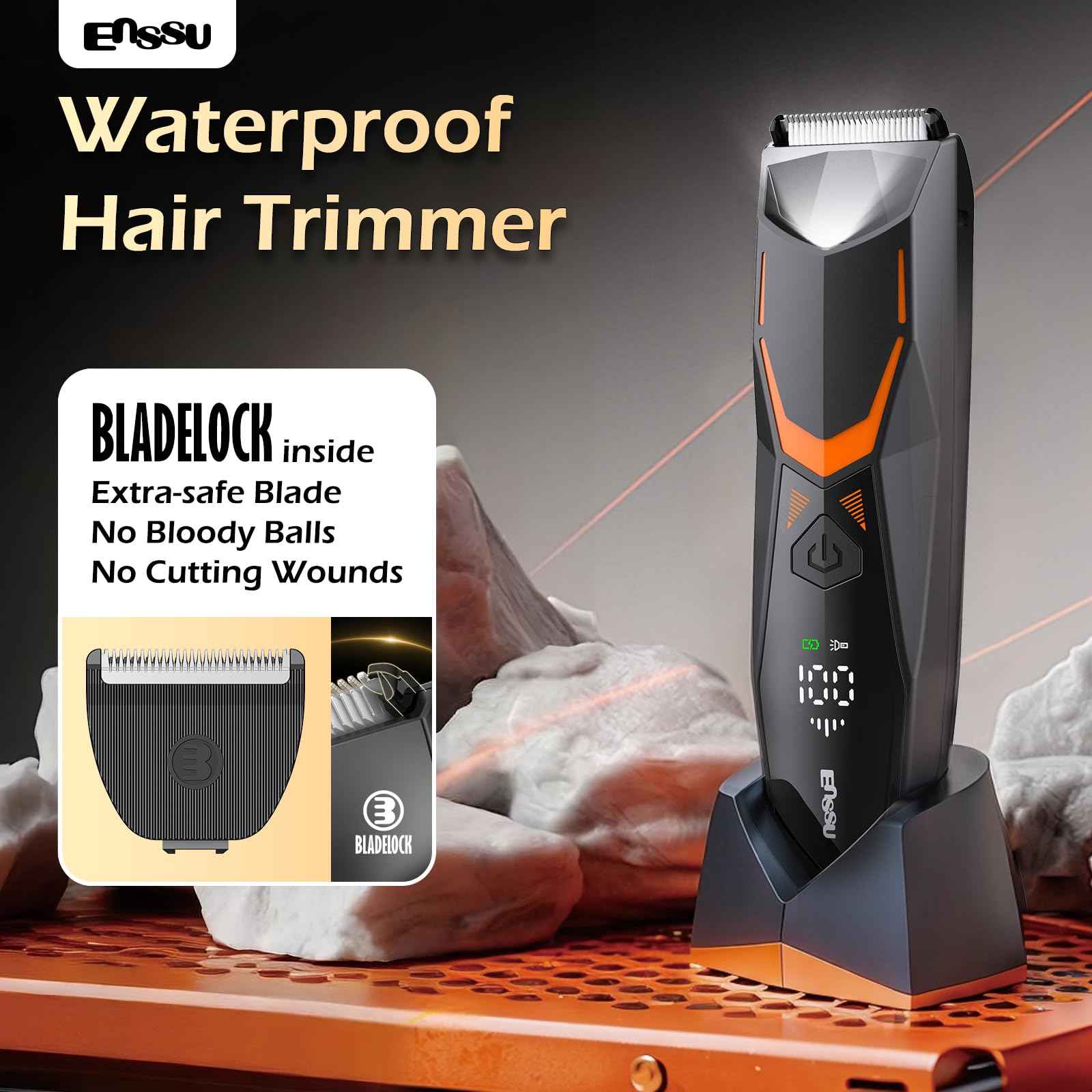 ENSSU Manscape Body Hair Trimmer for Men with LED Light for Balls/Pubic/Groin/Legs/Chest, IPX7 Waterproof Body Groomer with Ceramic Blade, Fast Charging Shaver for Wet or Dry Use