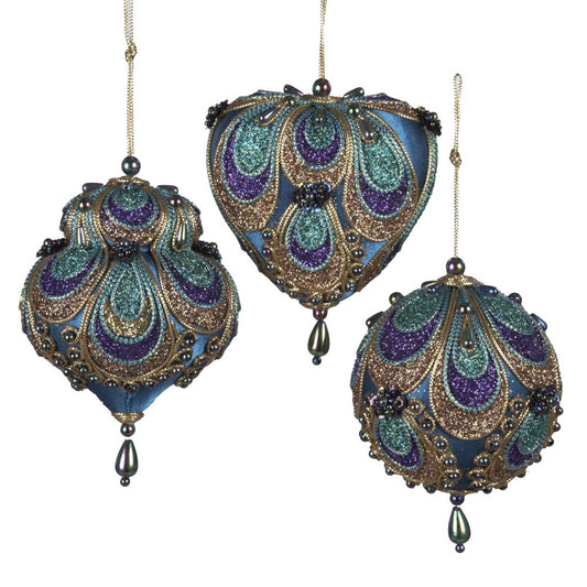 Kurt Adler 3-3.5" Aqua Satin Fabric with Gold, Purple and Green Glitters Tornasol Beads with Rayon Cord Hanging Ornaments: Ball, Dome and Heart Set of 3 for Christmas