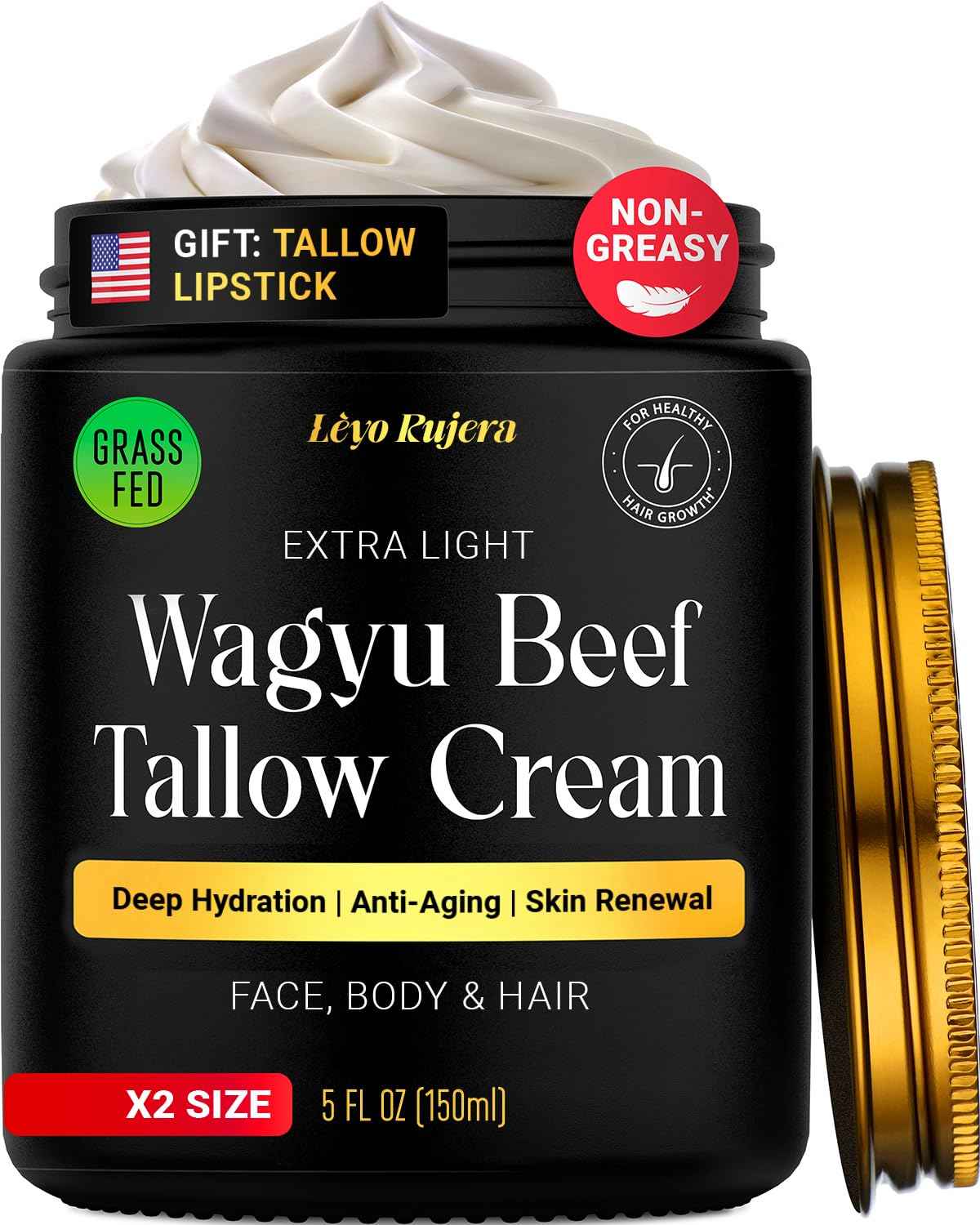 Non-Greasy Beef Tallow for Skin &Hair 5OZ Shea Butter, Vitamin E, Niacinamide, Whipped Grass Fed Beef Tallow for Face Moisturizer Cream, Lotion for Women & Men, Anti-Aging Face Moisturizer Leyo Rujera