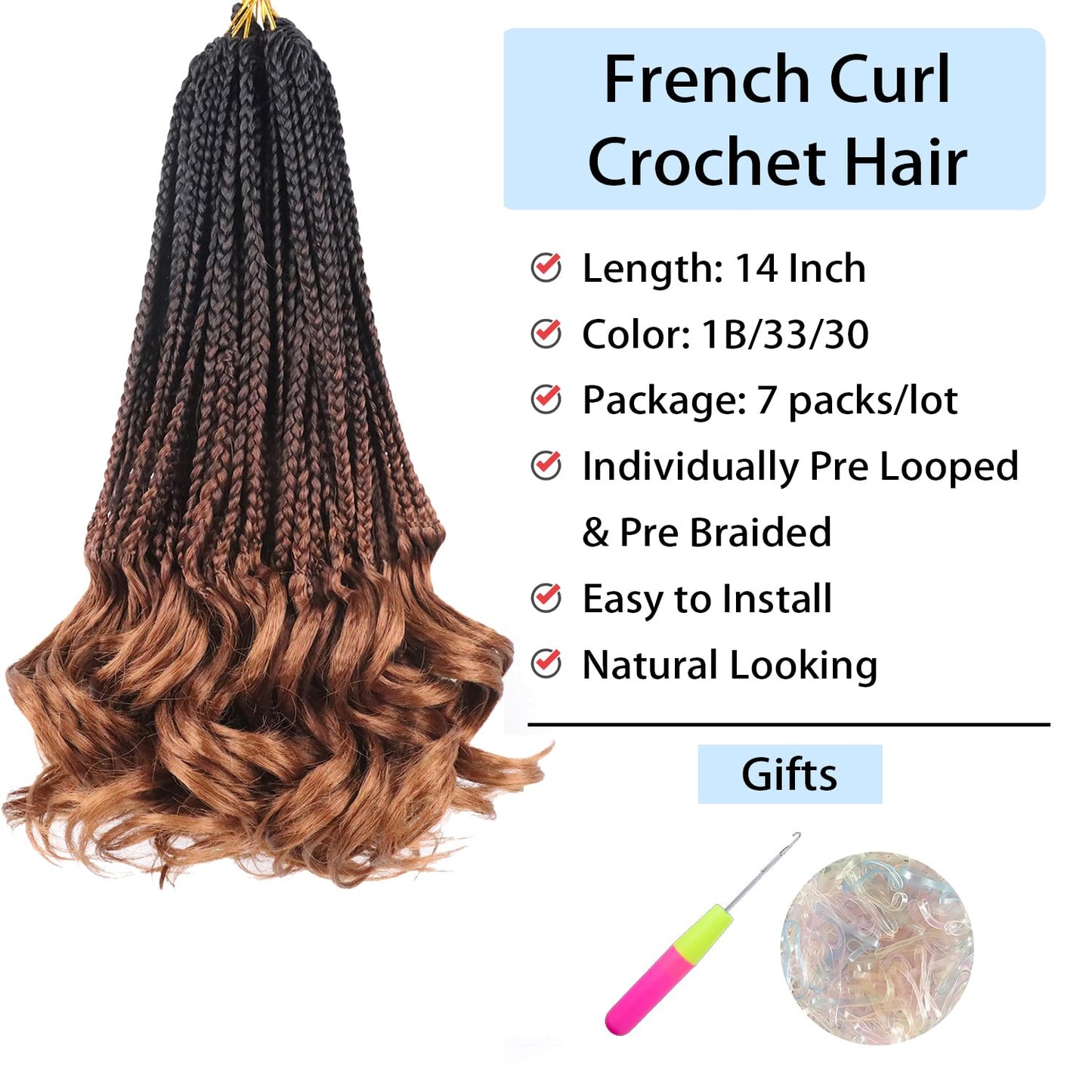 Crochet Hair 1B/33/30 Crochet Braids Goddess Box Braids Crochet Hair for Women French Curl Braiding Hair Knotless Crochet Braids 14 Inch Pre Looped Layered Curly Braiding Hair Extensions(7 Packs)