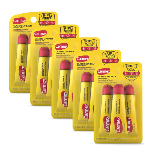 Carmex Classic Medicated Lip Balm Tubes, Lip Moisturizer for Chapped Lips, 15 Count (5 Packs of 3)