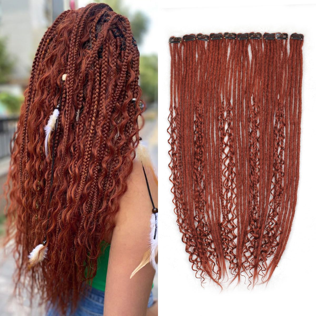 24 Inch Clip in Dreadlock Hair Extensions 10Clips 40 Strands Mixed Synthetic Dreads Extensions for Women,Handmade Soft Straight Boho Wavy Dreads, 350 Red