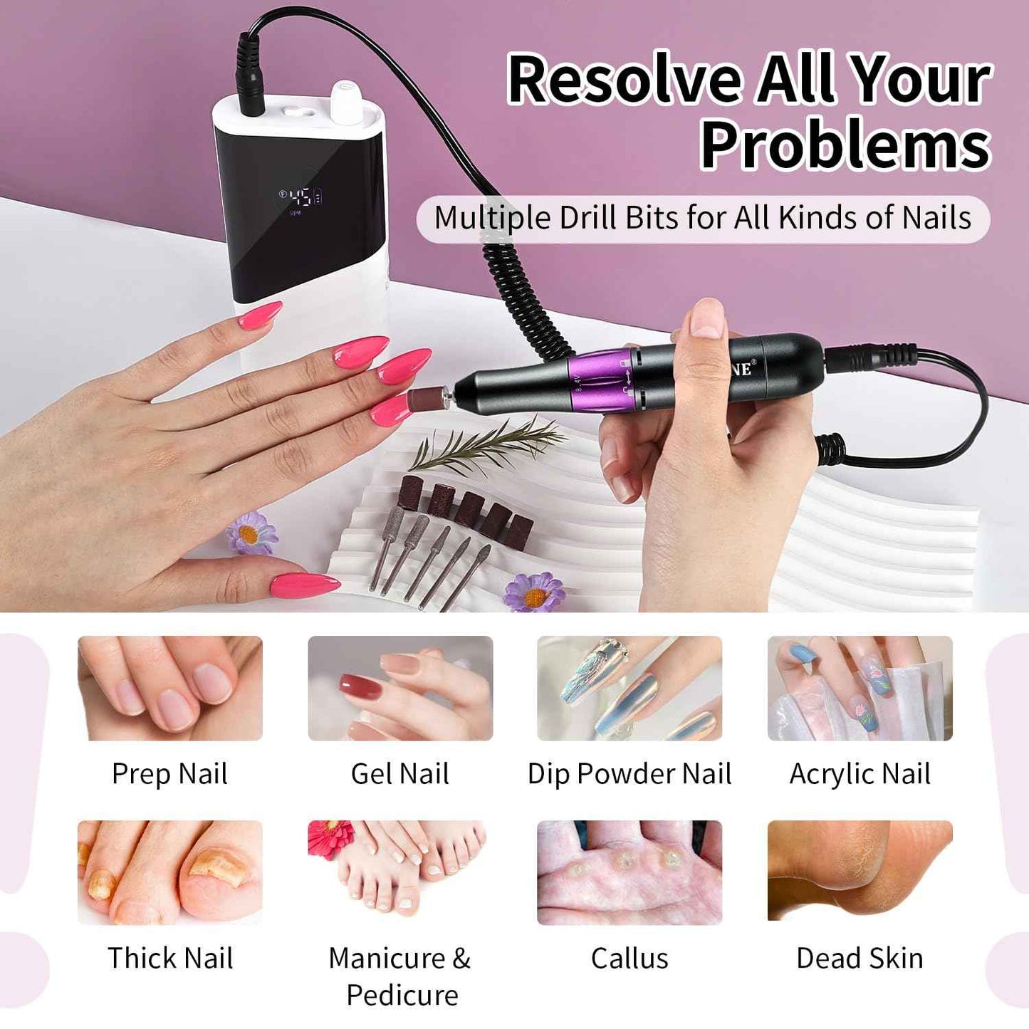 JODSONE Professional Nail Drill 45000 RPM Rechargeable Nail File for Nail Gel Removal Low Noise Portable for Home and Salon