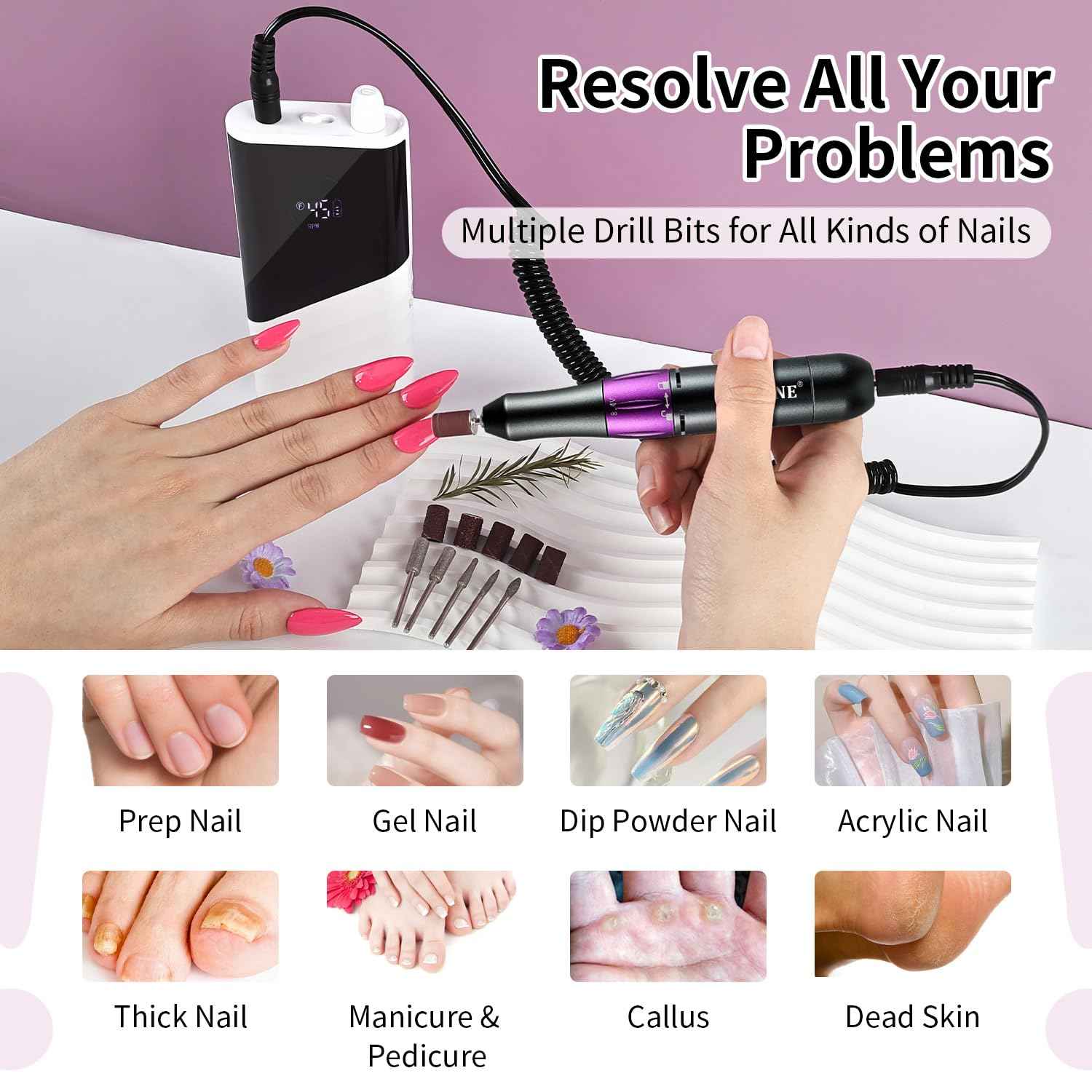 JODSONE Professional Nail Drill 45000 RPM Rechargeable Nail File for Nail Gel Removal Low Noise Portable for Home and Salon