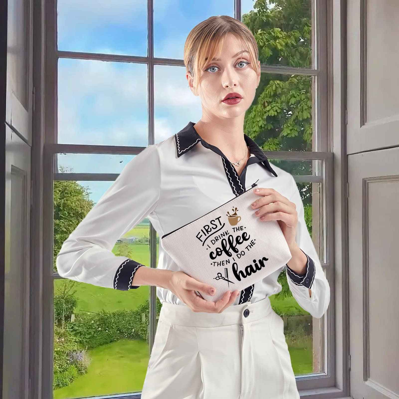 WCGXKO Coffee Lover Gift Hairdresser Cosmetics Bag First I Drink The Coffee Then I Do The Hair (DRINK THE coffee hair)