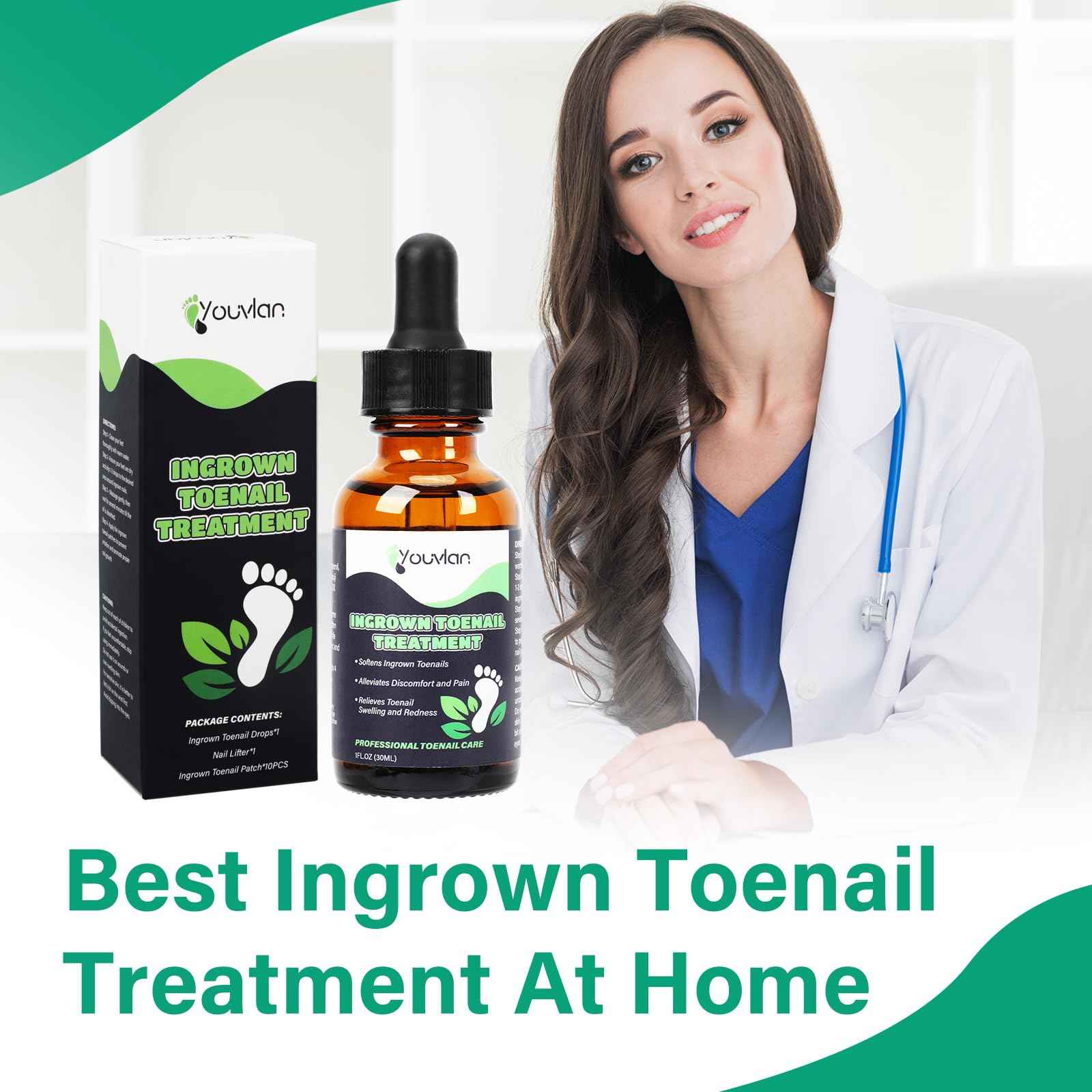 Ingrown Toenail Treatment - Ingrown Toenail Softener Drops,Toenail Lifter,Nail Patches,Best Ingrown Toenail Treatment Kit at Home for Easy Trim Thick Toe Nails Cleaner Tool Kit (Green)