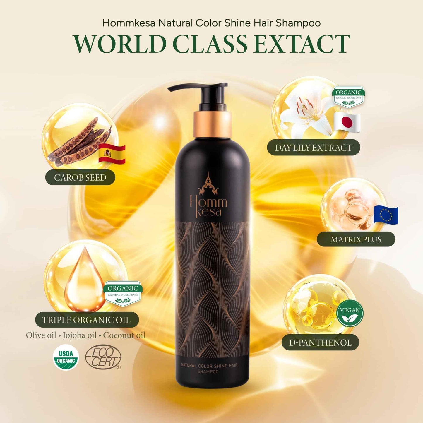 Hommkesa Natural Color Shine Hair Shampoo, Vegan Formula with Multi-Peptide Proteins, Organic Triple Oil Complex