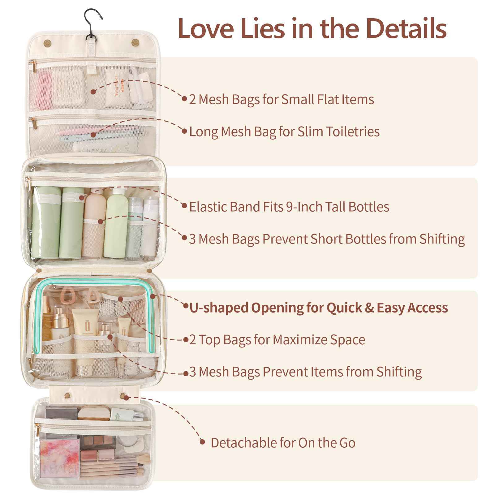 PACKISM Hanging Travel Bag for Traveling with Clear Makeup Bag - Soft Leather Waterproof Travel Toiletry Bag for Full-Sized Toiletries and TSA Approved Toiletry Bag, Off White (L)