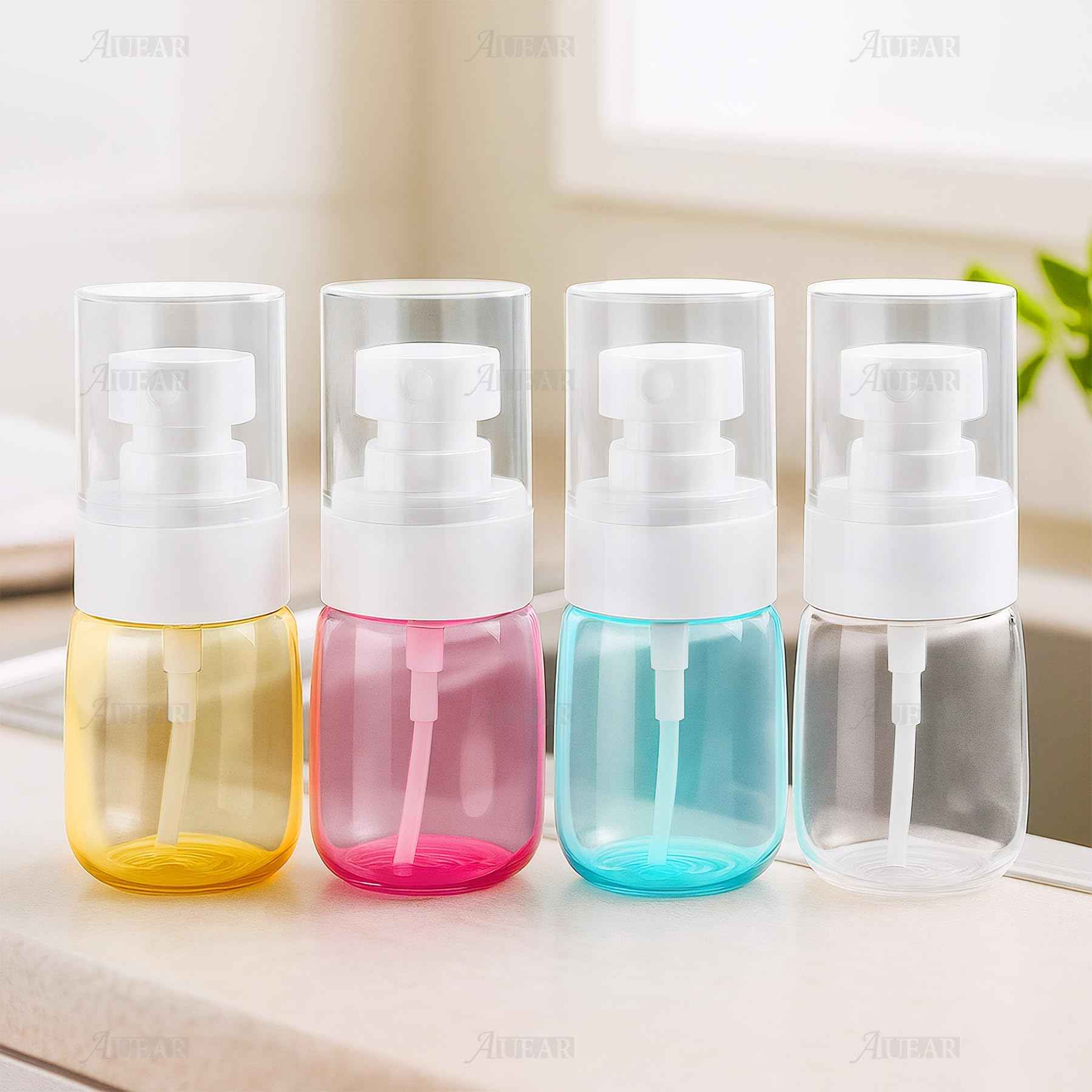 AUEAR, 4 Pcs 30ml Spray Bottles Plastic Empty Travel Refillable Mist for Skincare Makeup Hair Cleaning Lotion Perfume