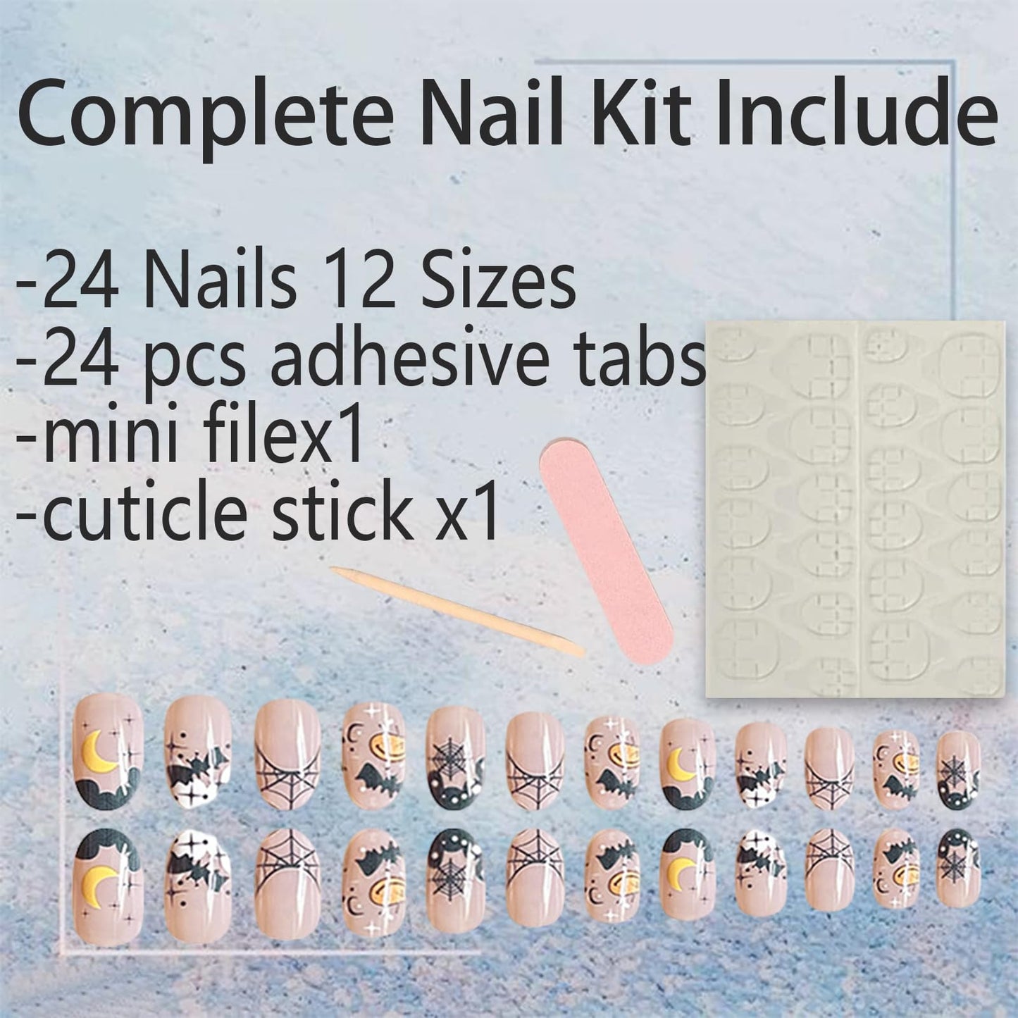 24Pcs Halloween Press on Nails Short Almond Black Fake Nails Full Cover Cute Pumpkin Spider Web False Nails with Bat Star Moon Designs Artificial Acrylic Nails Glossy Glue on Nails for Women Girls