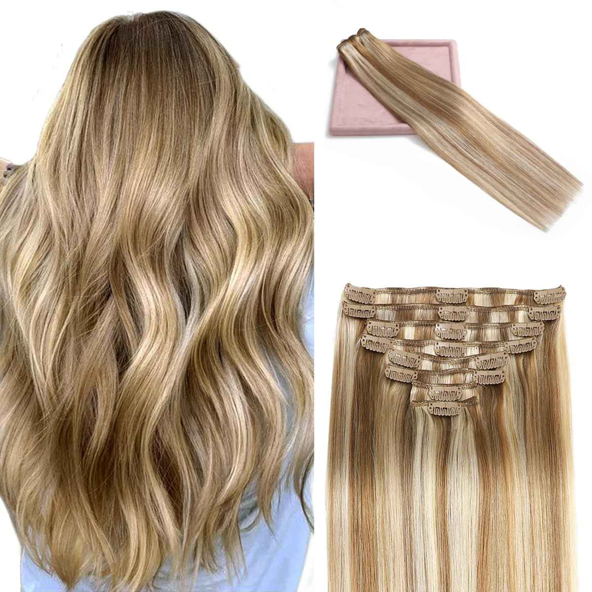 Tebelove Clip in Hair Extensions Real Human Hair 3.6oz/100g Clip ins 100% Human Hair Extension for Women 8pcs Per Set with 18 Clips Double Weft (16 Inch #16/22 Light Blonde to Golden Blonde)