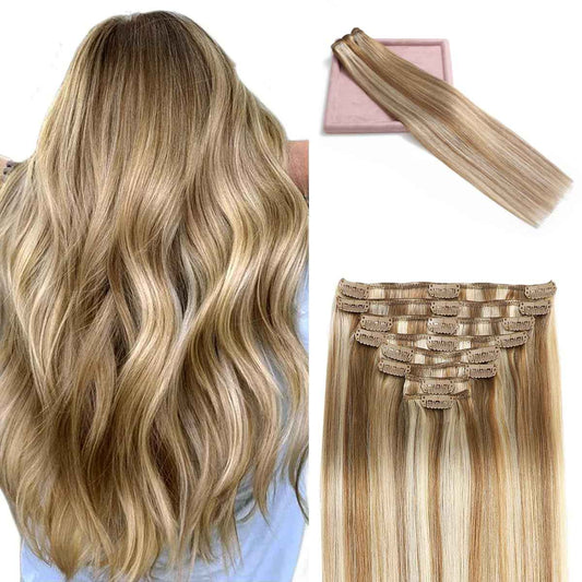 Tebelove Clip in Hair Extensions Real Human Hair 3.6oz/100g Clip ins 100% Human Hair Extension for Women 8pcs Per Set with 18 Clips Double Weft (16 Inch #16/22 Light Blonde to Golden Blonde)