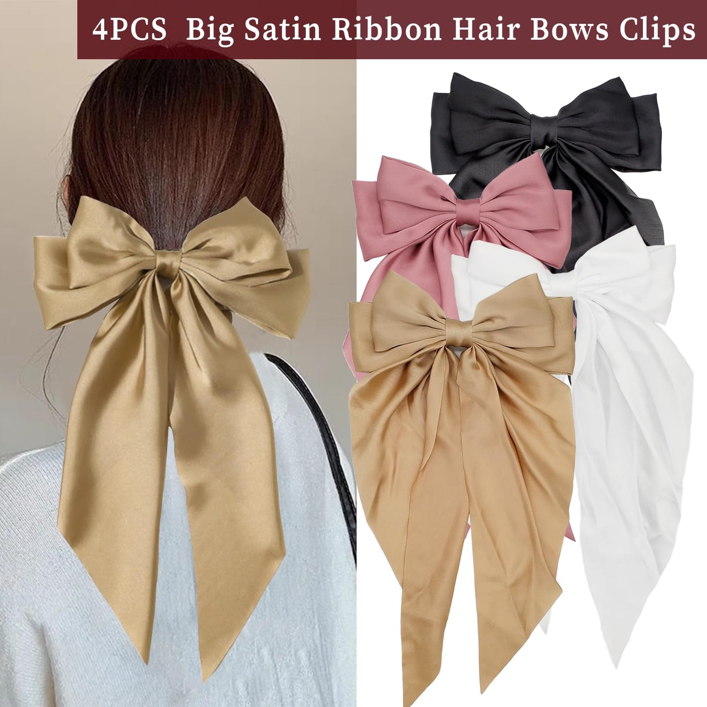 4PCS Hair Bows for Women Big Satin Ribbon Hair Bows Clips White Black Pink Khaki Hair Bows for Girls Oversized Long Tail Silky Ribbons Hair Clips Barrettes Bowknot Hair Accessories Gift