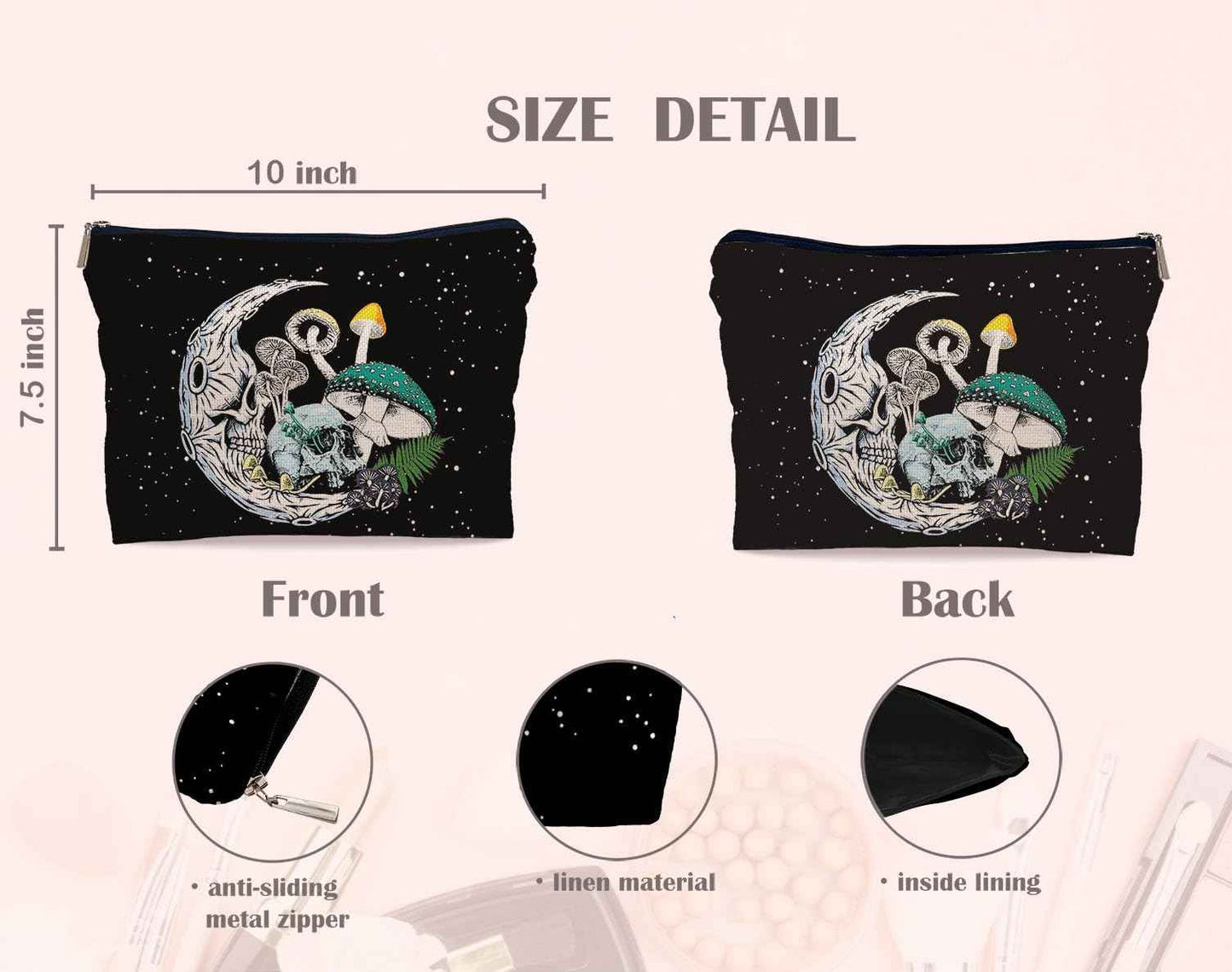 Lacosu Gothic Skull Moon Colourful Mushroom Makeup Bag,Halloween Skull Skeleton Cosmetic Makeup Bag for Women Girls,Gifts for Gothic Lovers Teens Women Girls Daughter Sister Friends
