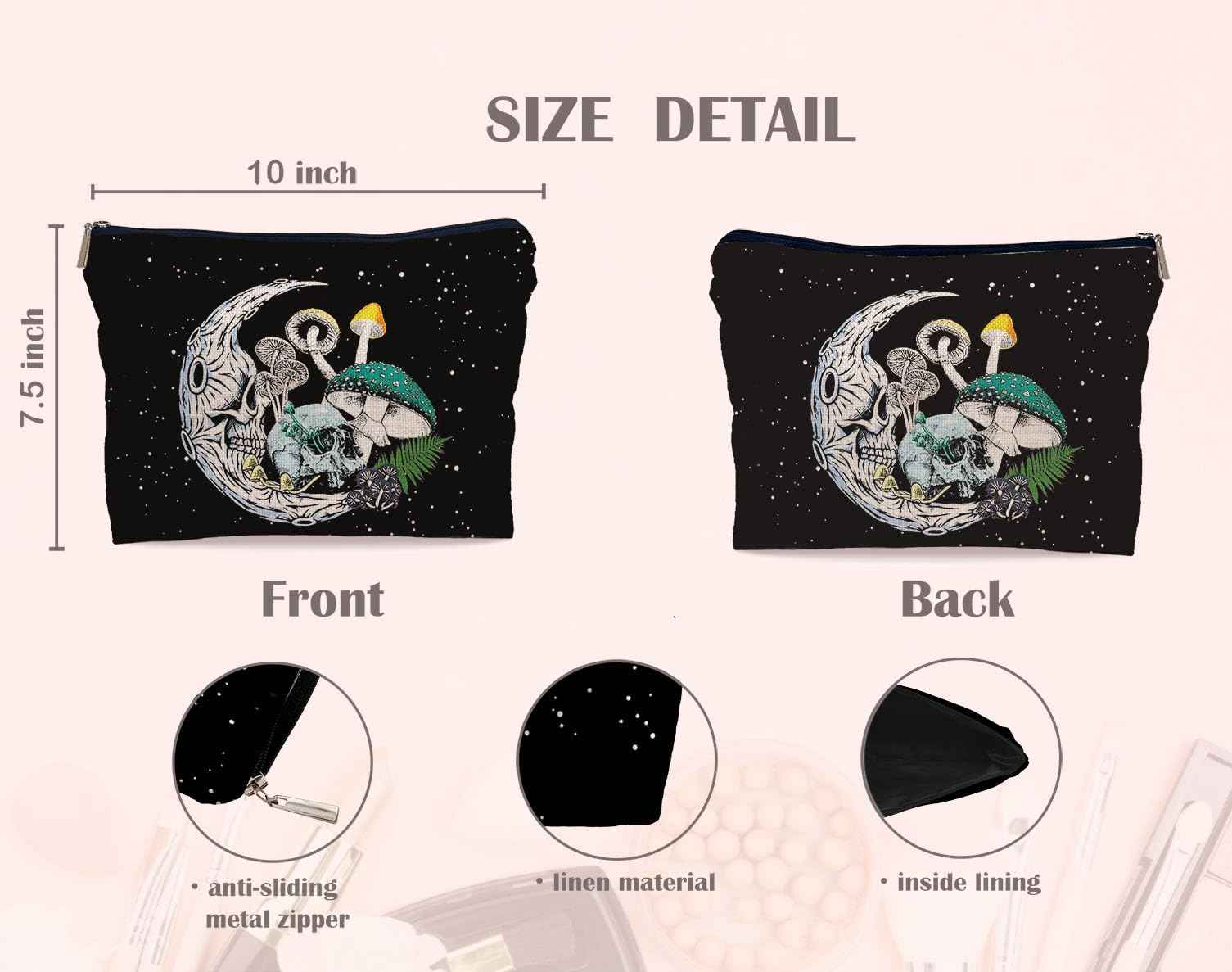Lacosu Gothic Skull Moon Colourful Mushroom Makeup Bag,Halloween Skull Skeleton Cosmetic Makeup Bag for Women Girls,Gifts for Gothic Lovers Teens Women Girls Daughter Sister Friends