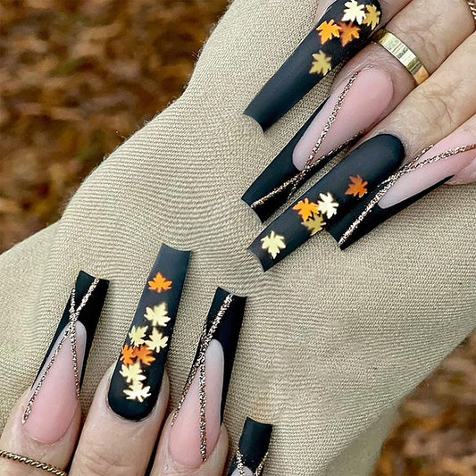 Thanksgiving Fall Press on Nails Long Coffin Fake Nails Black Pink Matte False Nails with Gold Maple Leaves Glitter Designs French Tips Acrylic Nails Full Cover Manicure for Women and Girls 24 PCS