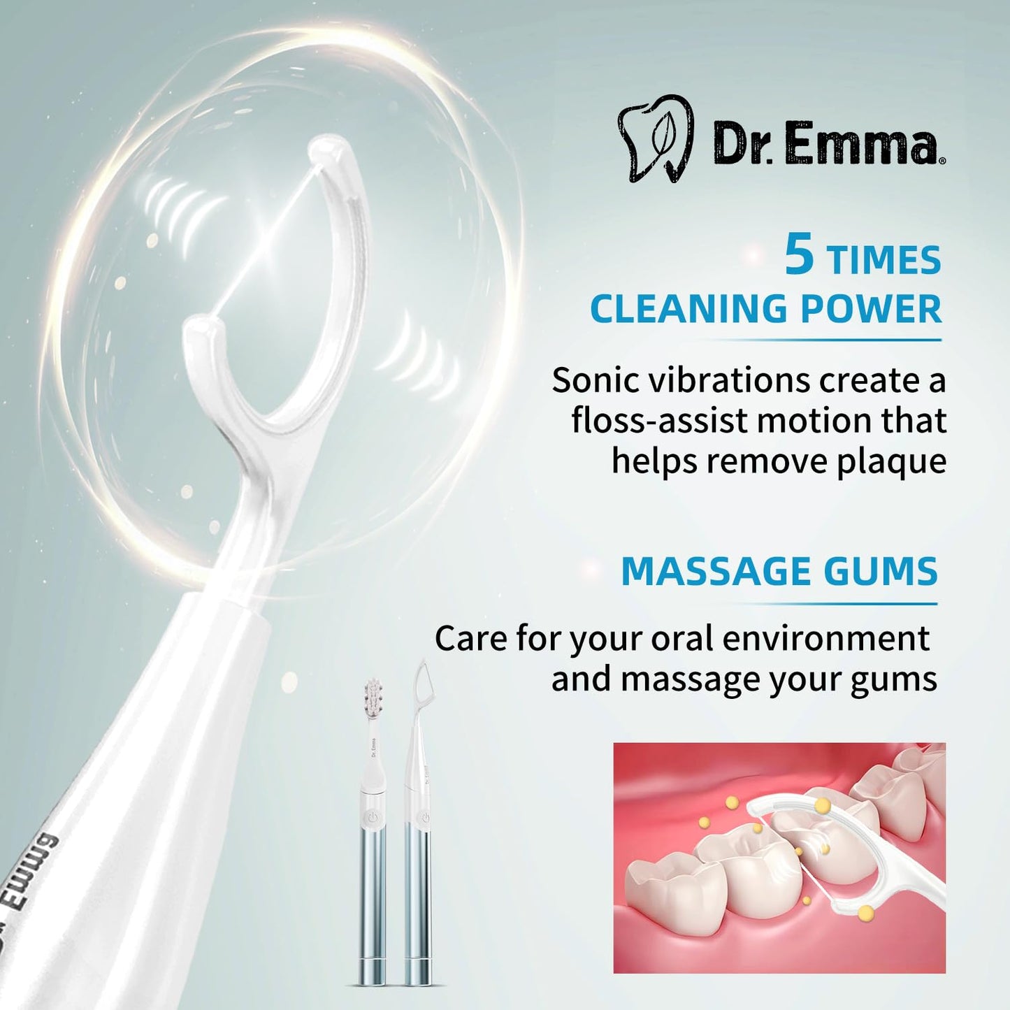 Dr. Emma Electric Vibration Flosser, Power Flosser for Adults, Gum Stimulator, Teeth Cleaner, Reusable Flossing Tool with Toothbrush, Water Flosser Alternative, Babyblue