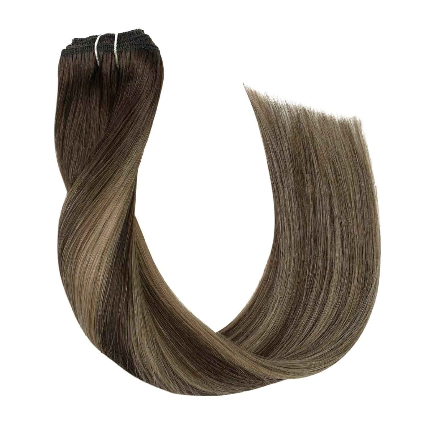 Balayage Clip in Real Human Hair Extensions Ombre Chocolate Brown to Caramel Blonde Natural Silky Straight Clip on Hair Extensions Double Weft Remy Brazilian Clip ins Hair 14 Inch 60G 5 PCS