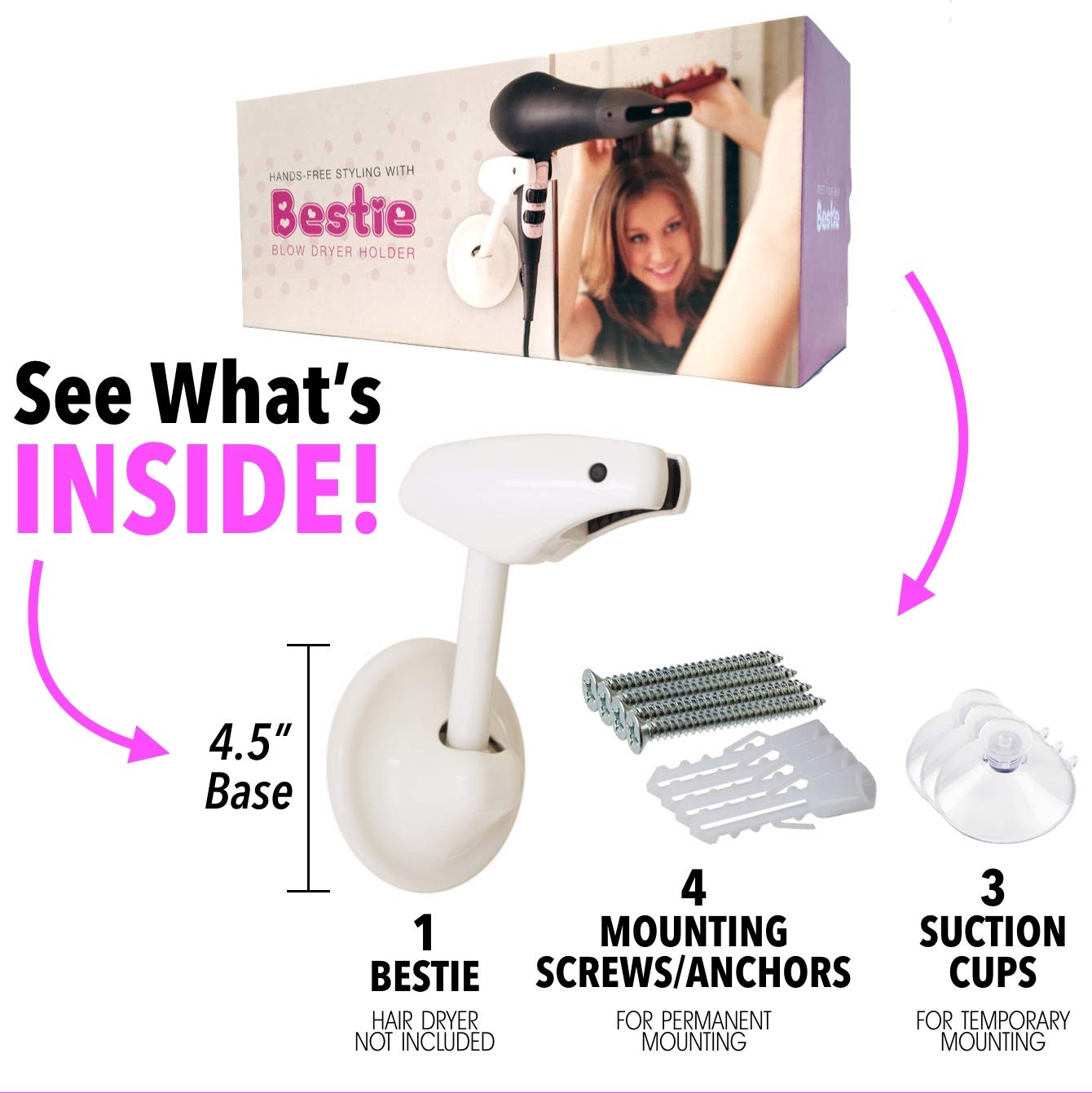 Bestie Adjustable Hair Dryer Holder Stand - Hands Free Blow Drying with Fully Positionable Arm, Permanent Wall Mount or Temporary Suction Mount to Mirror