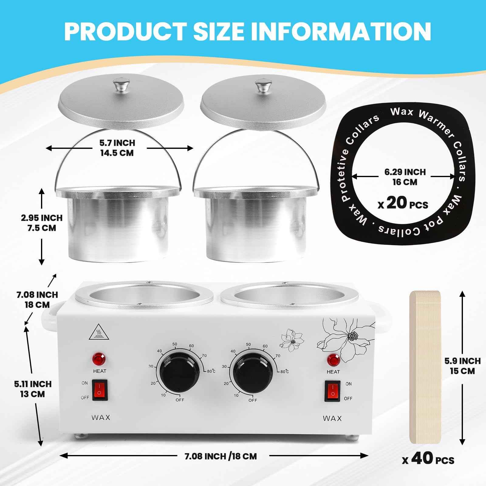 1.2L Double Pot Wax Warmer, Electric Depilatory Heater Machine with Adjustable Temperature for Hair Removal & Facial Spa, Includes 40 Wax Sticks & 20 Collars