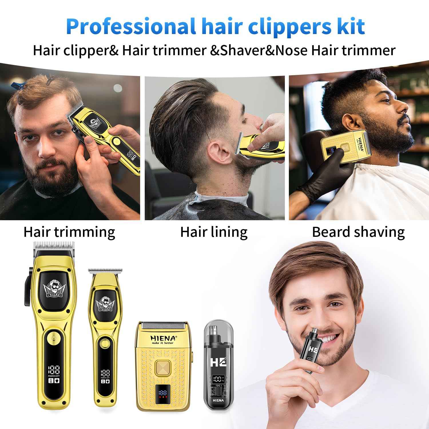 HIENA PRO Professional Hair Clipper Set for Men, Foil Shaver & Men's Facial Grooming Tool, Rechargeable Barber Clippers Set and Trimmer Kit, Cordless Electric Beard, Nose Trimmer