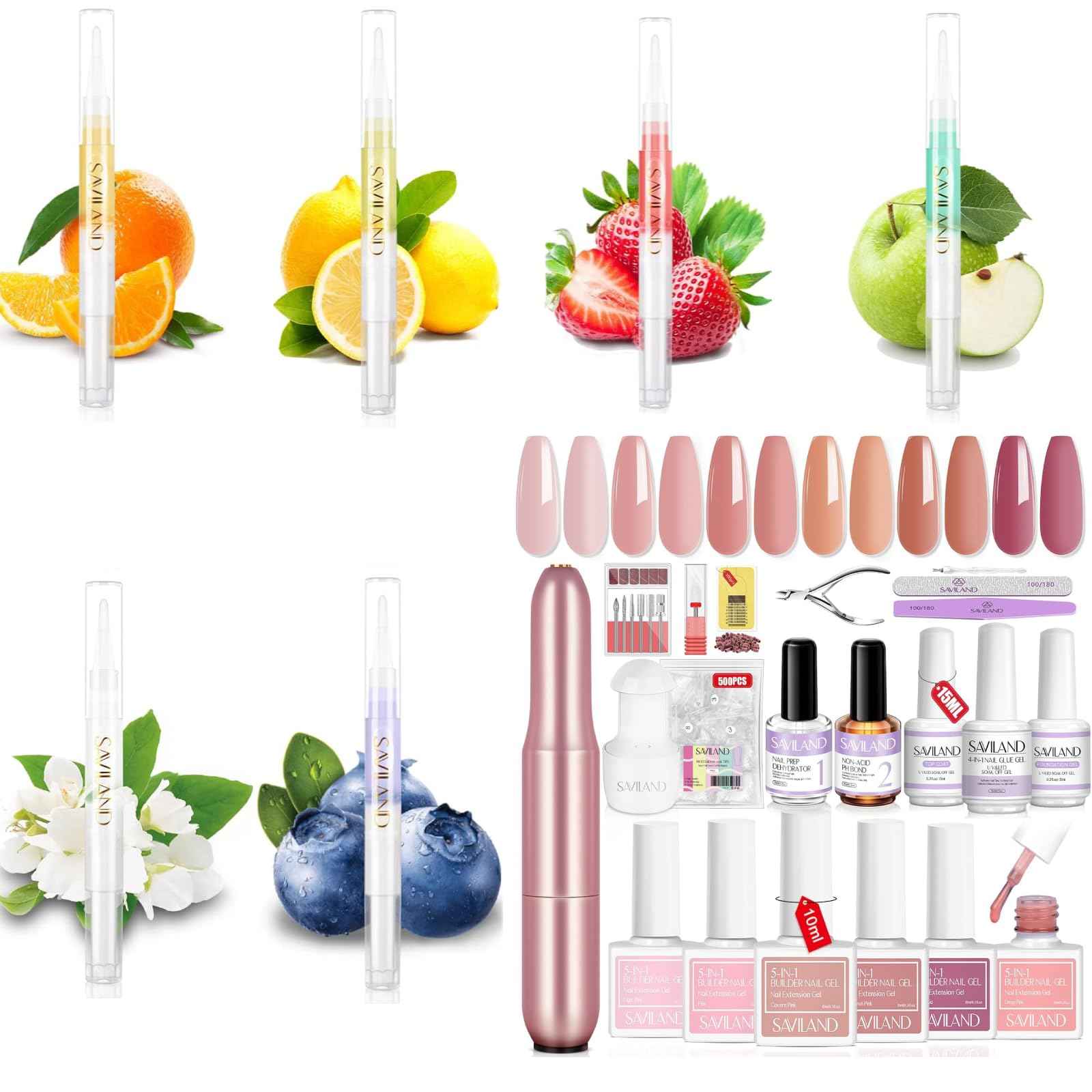 SAVILAND Builder Nail Gel Kit with Nail Drill: 6 PCS Natural Cuticle Oil Pen Castor Oil Vitamin E Builder Nail Gel in a Bottle Hard Gel for Nails Strengthener Extension Mini U V Lamp Nail Glue Gel