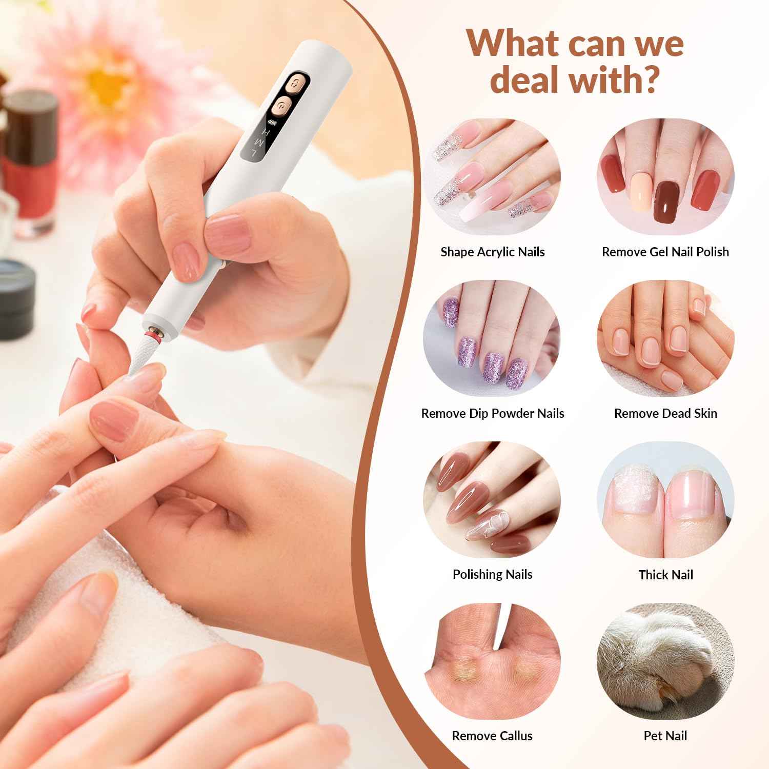 Cordless Rechargeable Nail Drill Kit, 12 Professional Bits & 36 Sanding Bands, 30000RPM Electric Nail Drill Machine, Dual Rotation Ambidextrous Electric Nail File for Acrylic, Gel & Natural Nails