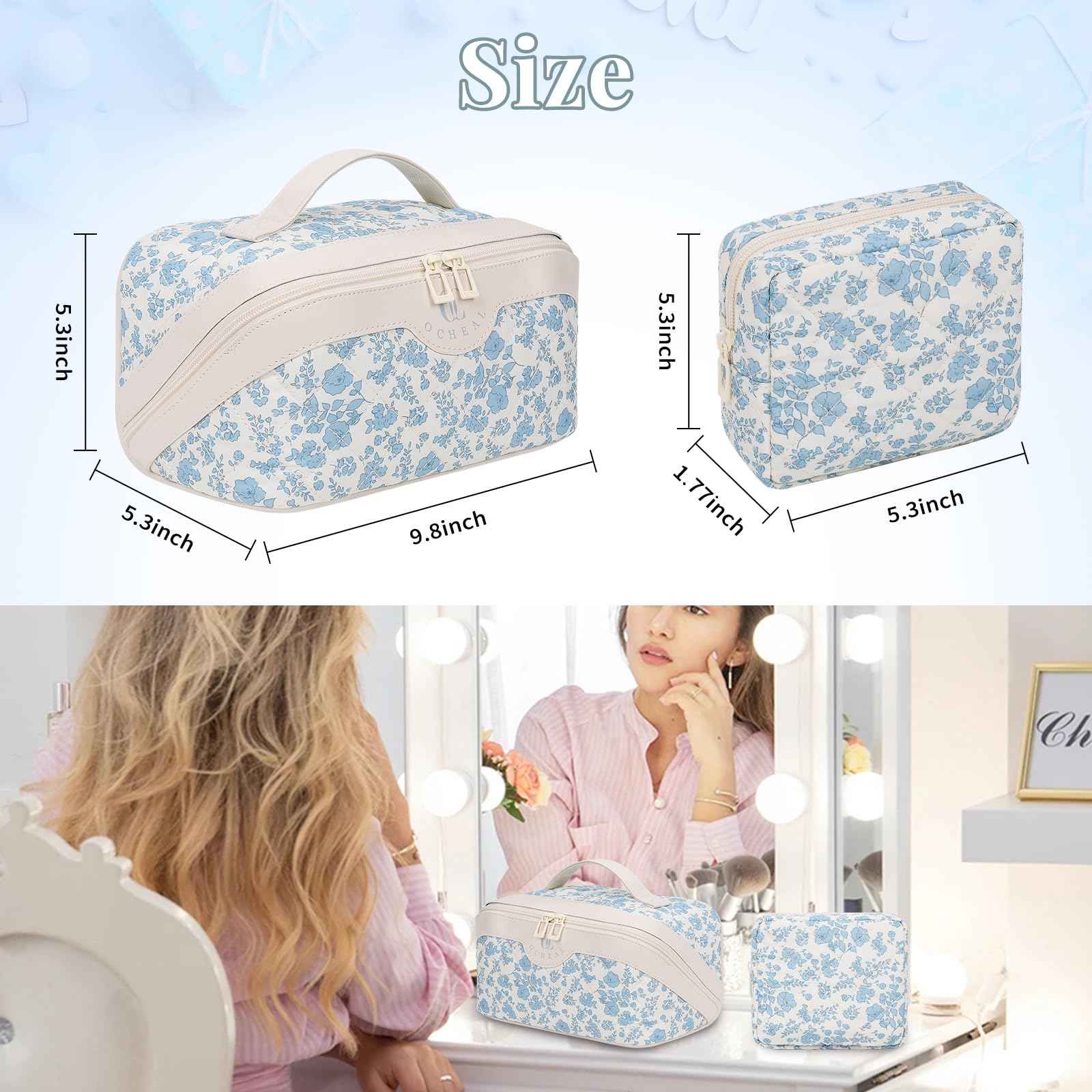 Travel Makeup Bag Organizer Cosmetic Bag, 2Pcs Floral Make up Bag Portable Pouch Open Flat Pouch Clear Divider and Handle