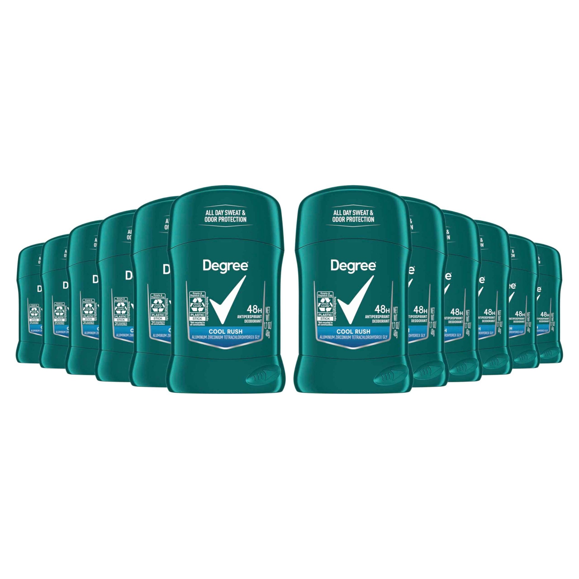 Degree Men Original Protection Antiperspirant Deodorant Cool Rush Pack of 12 48-Hour Sweat & Odor Protection Antiperspirant For Men 1.7 oz