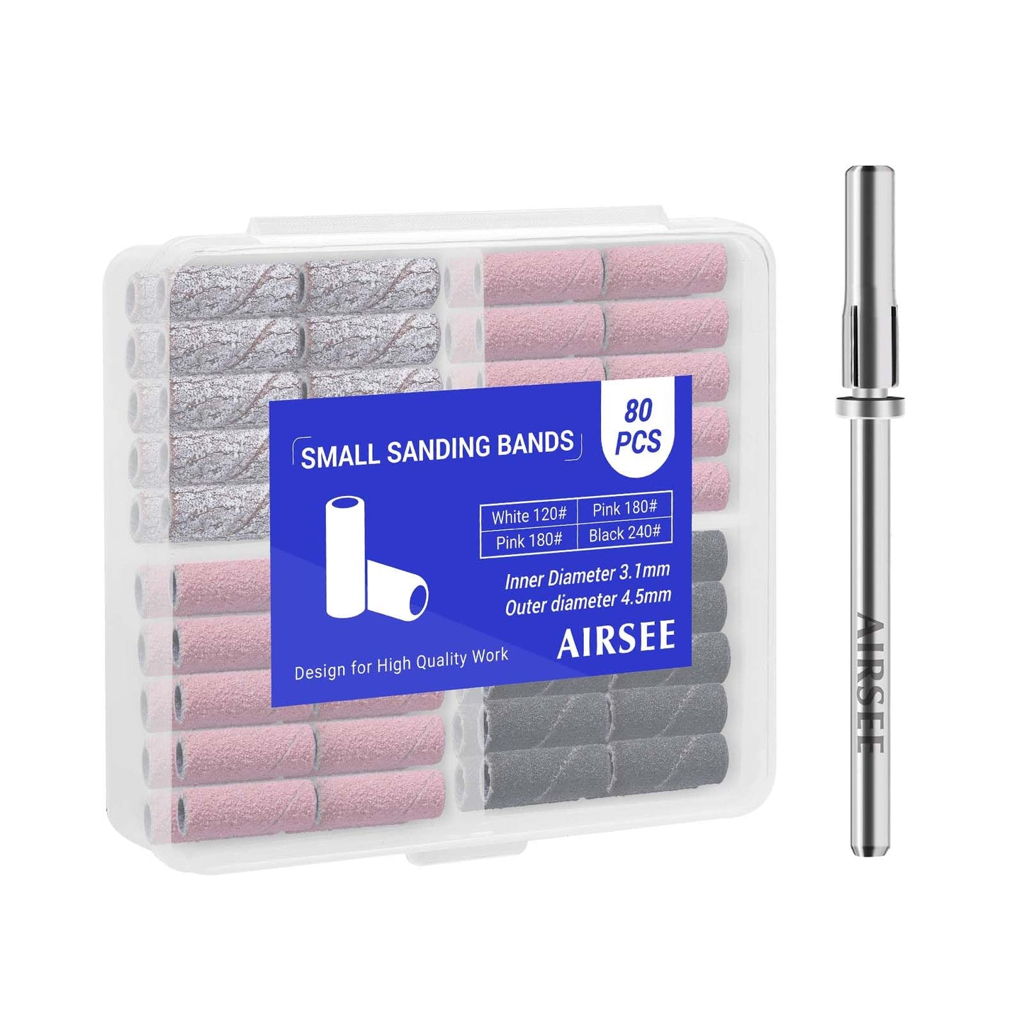 AIRSEE 3.1mm Small Sanding Bands for Electric Nail Drill 80 Piece Set 120 180 240 Grit Acrylic File Attachments Mini Professional Sander 1 Mandrel Bits Beauty (White-Pink-Black)