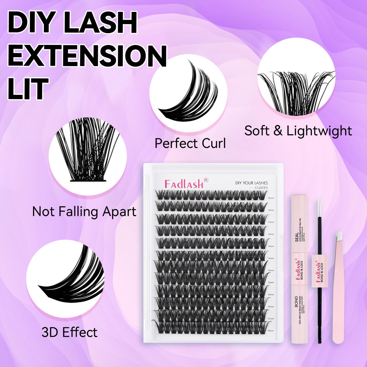 FADLASH DIY Lash Extension Kit Individual Lashes Cluster D Curl Eyelash Extension Kit with Lash Bond and Seal and Lash Applicator Tool for Self Application at Home (80D-0.07D-12-18MIX KIT)