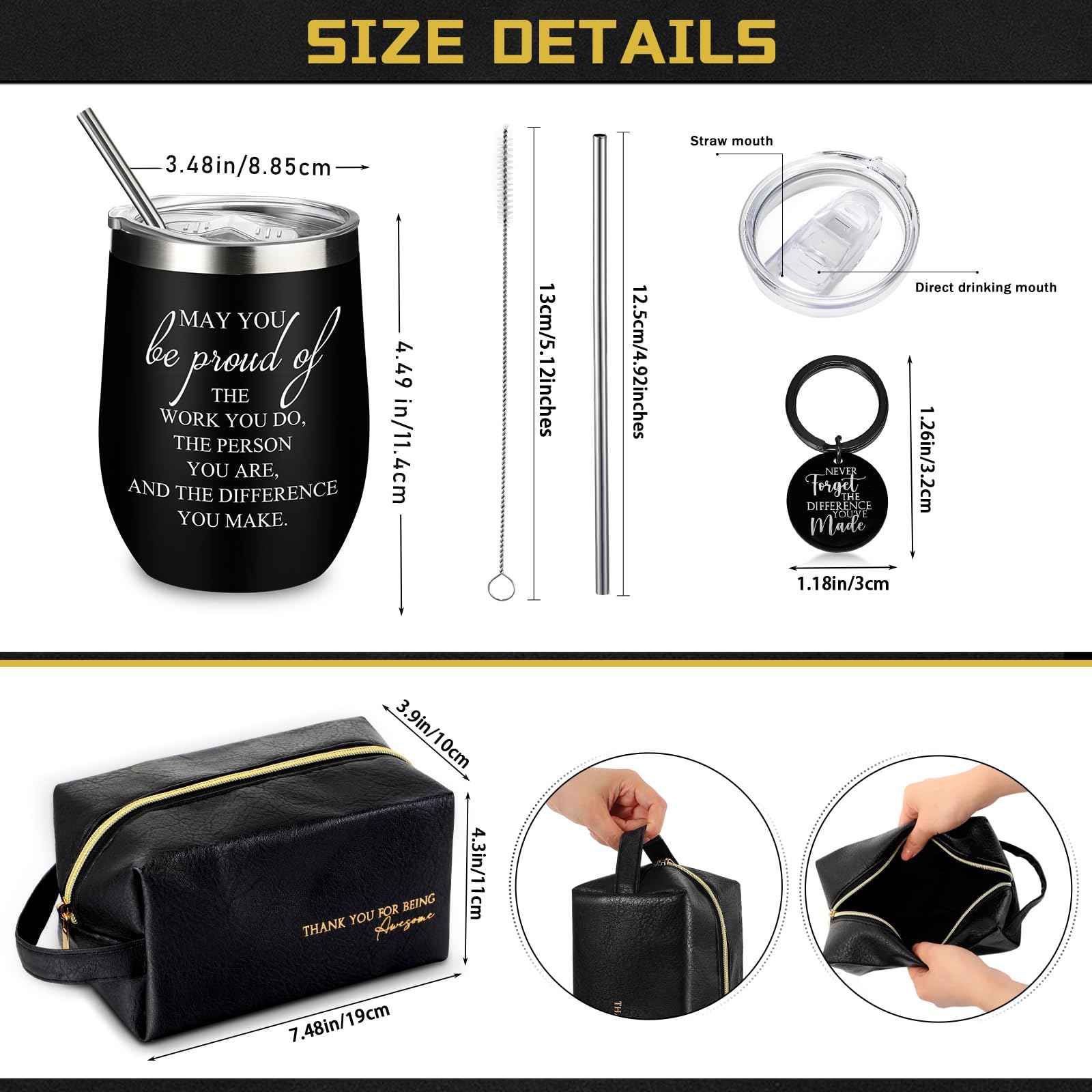 Dandat Set of 3 Thank You Gift for Men Christmas Leather Toiletry Bag May You Be Proud of The Work Sign 12oz Stainless Steel Tumbler with Inspirational Keychain for Men Teacher Male Staff(Black)