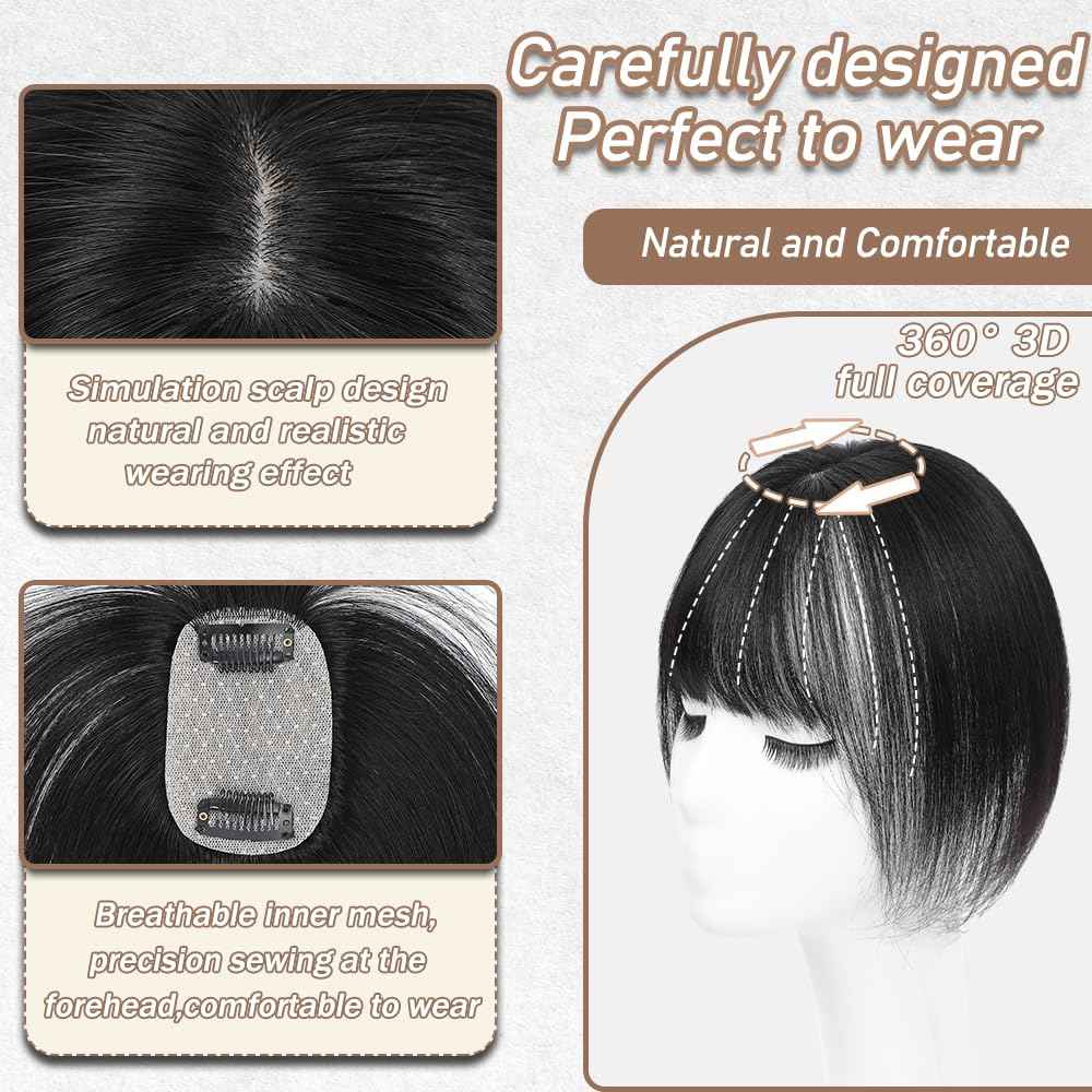 HVVZOY Hair Toppers for Women Real Human Hair, 3D Cover Clip in Bangs Realistic Scalp Line Human Hair Toppers for Women with Thinning Upgrade Basement with Bangs (1B, 3D Wispy Bangs 5x9)