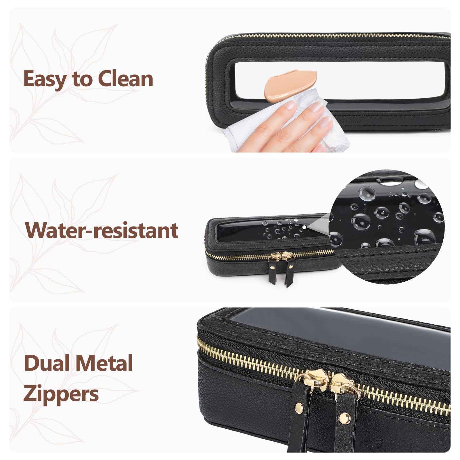 PACKISM Slim Clear Makeup Brush Bag, Pebbled Texture & Hard PU Leather Small Cosmetic Brush Holder, Mini Toiletry Bag Make up Bags with Message Card, Cute Travel Essentials Bag (Black)