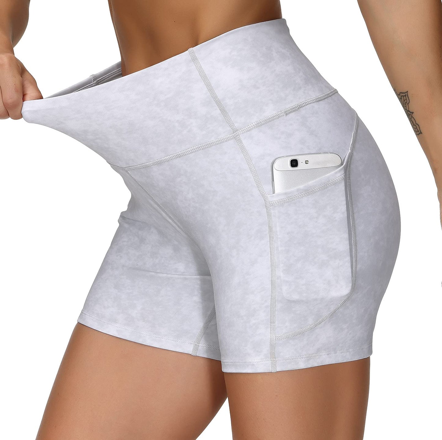 THE GYM PEOPLE High Waist Yoga Shorts for Women Tummy Control Fitness Athletic Workout Running Shorts with Deep Pockets (Small, Tie Dye White)