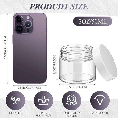 Patelai 48 Pack 2 oz Clear Plastic Jars with White Lids Empty Containers Round Clear Plastic Jars Wide-mouth Refillable Storage Organizers for Cosmetics Lotions Butters Slime Making and Food Storage