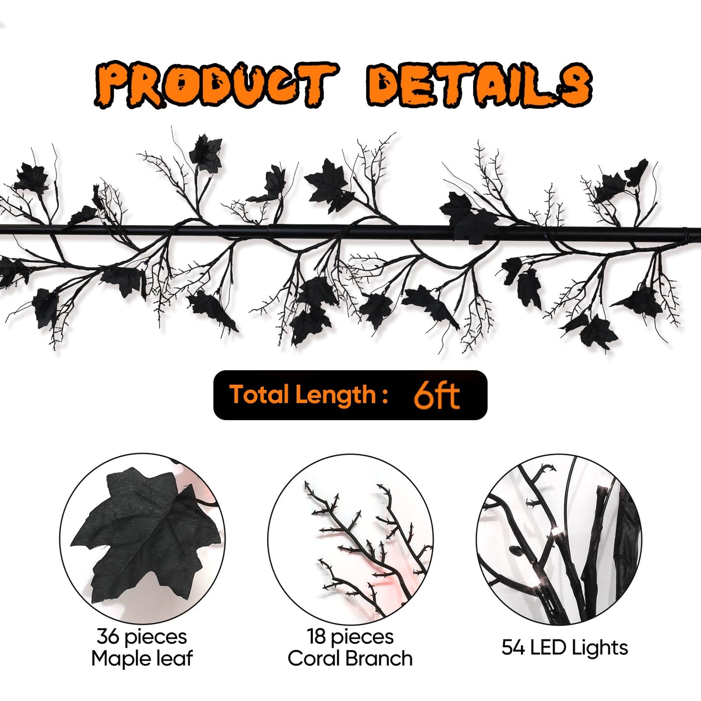 [ 8 Modes & Timer] 6 Ft Halloween Maple Leaf Willow Vine Garland Decorations Clearance with 54 LED Orange & Purple Lights, Battery Operated Waterproof Halloween Decor for Home, Indoor, Wall, Fireplace