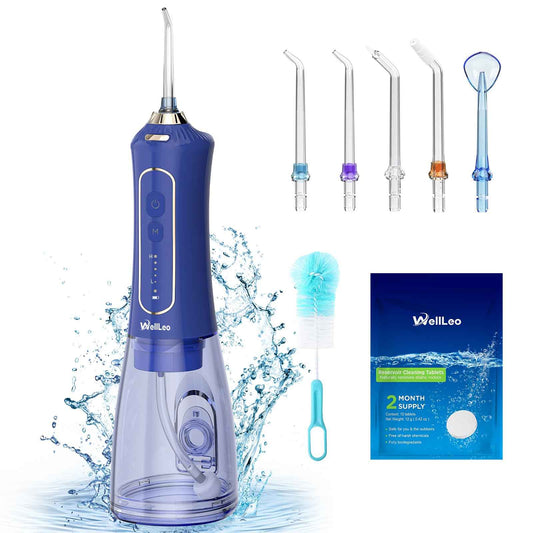 WellLeo Water Flossers for Teeth, 300ML Cordless Oral Irrigator Rechargeable Dental Flosser Picks with 5 Modes 5 Jet Tips,IPX7 Waterproof Teeth Cleaner for Braces Gum Care, Home Travel Use