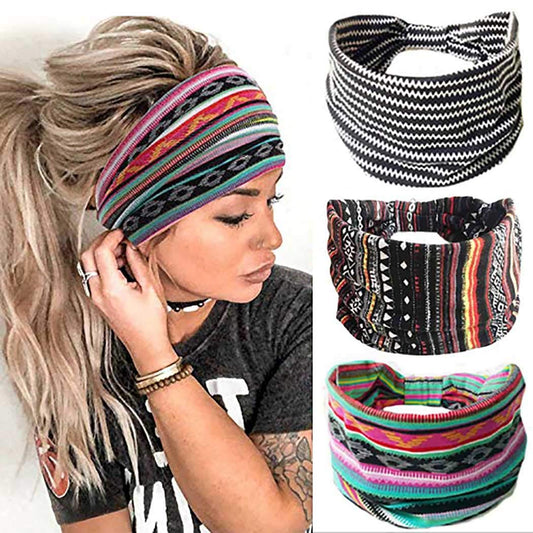 YBSHIN Boho Wide Headbands Stripe Head Wraps Knoted Hair Wears Turban Yoga Sweatbands Elastic Floral Printed Head Scarfs Stretch Cloth Hair Bands for Women and Girls 3Pcs (A)