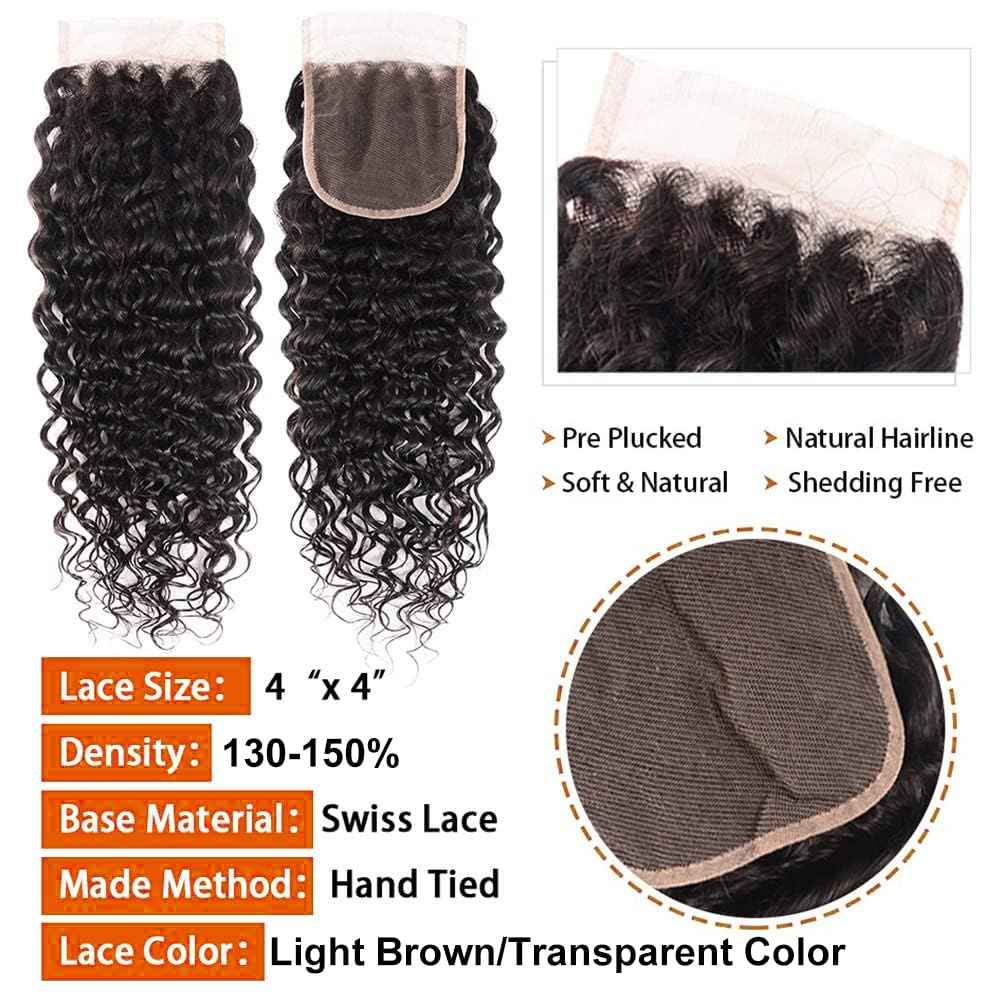 QTHAIR Water Wave HD Lace Closure 16A 4x4 Swiss Lace Closure Free Part Closure Wet and Wavy Human Hair Closure 20" Natural Color 150% Density Unprocessed Curly Closure Human Hair Lace Frontal Closure
