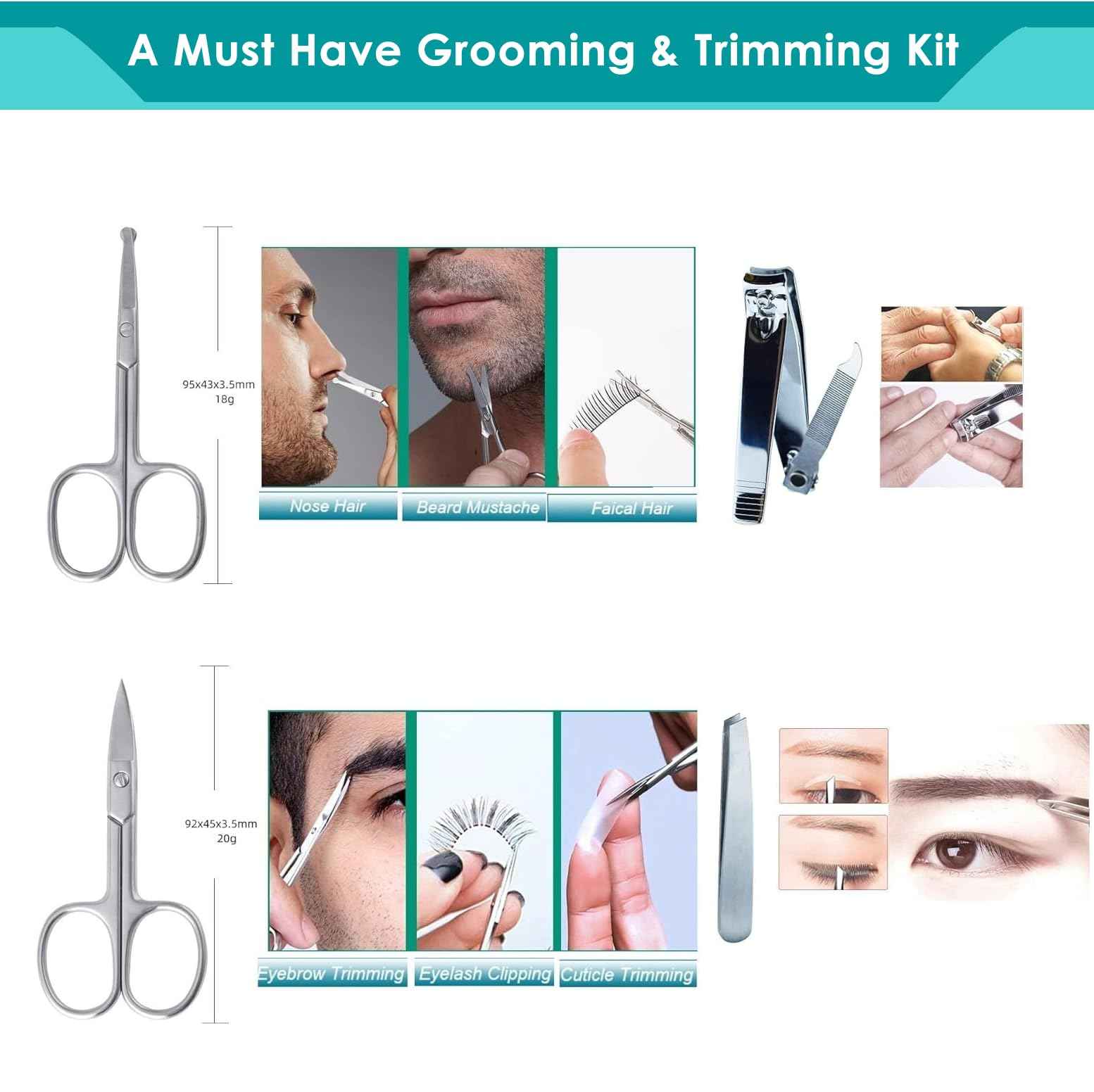 5Pcs Beauty Grooming Eyebrow Scissor Men Women Facial Nose Hair Scissor Curved Round Blunt Mustache Beard Manicure Pedicure Trimmer Set Stainless Steel Slant Tweezers Nail Clipper Pet Dog Scissor Kit