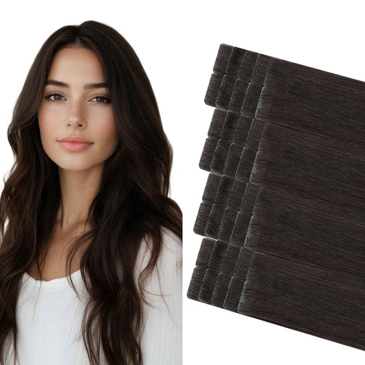 COOKAYU Injected Tape in Hair Extensions, Darkest Brown 14Inch 30g 20pcs Seamless Invisi Edge Tape in Human Hair Straight Invisible Extensions