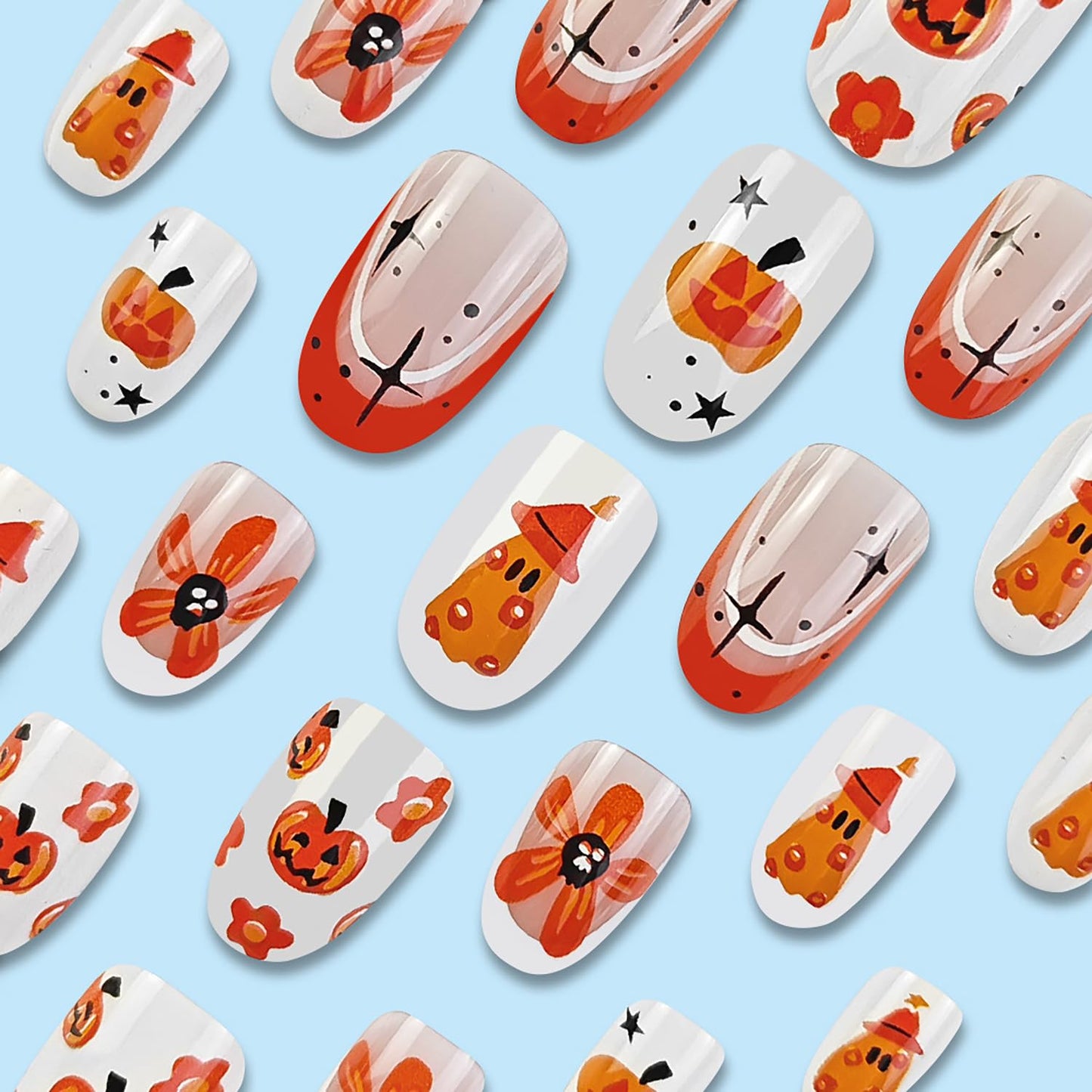 Halloween French Tip Press on Nails Ghost Pumpkin Almond Fake Nails Full Cover Acrylic Nails Cute False Nails Star Flower Designs White Stick on Nails Glossy Artificial Nails for Women DIY Manicure