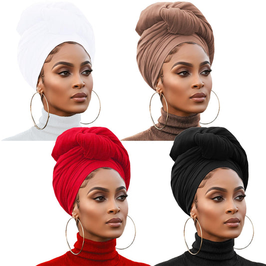 XTREND 4 Pieces Knit Chemo Bandana Solid Toroidal Head Wrap African Stretch Extra Wide Turban Breathable Soft Fashion Halo Turban for Women (Black, Camel, Wine Red, White)