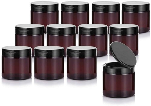 (12 Pack) 16 oz Amber PET Plastic Refillable Jar with Black Flip Top Cap