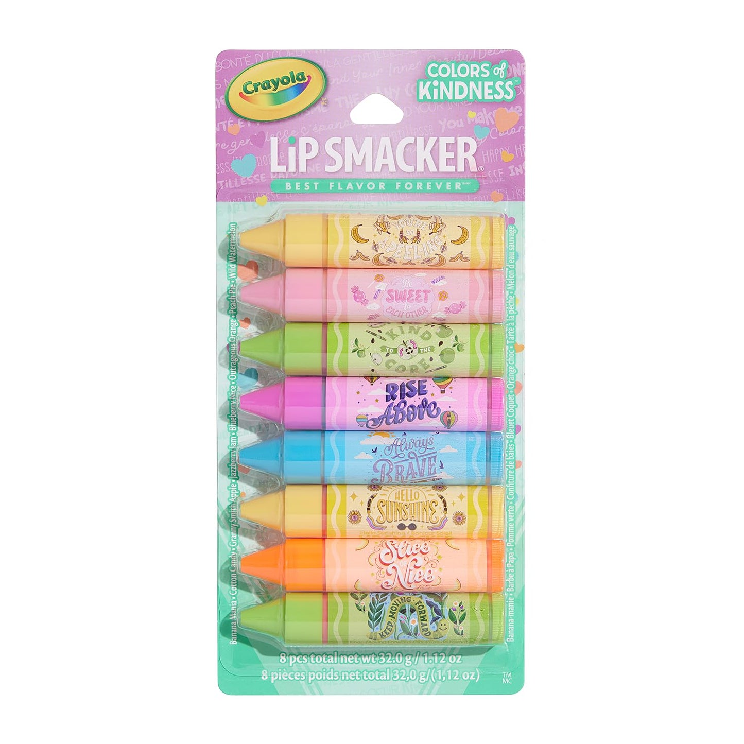 Lip Smacker Crayola Party Pack - 8 Moisturizing Lip Balms, Hydrating & Protecting, Fun Flavors, Glossy Finish, Cruelty-Free - Color of Kindness