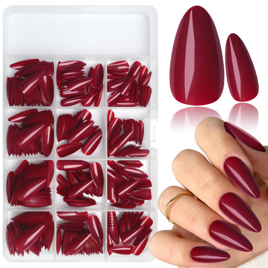 LoveOurHome 360pc Christmas Almond Press on Nails Medium Fake Nails Full Cover Almond Nail Tips Fase Nail Deep Red Acrylic Nails Press ons Nail Almond Fingernail & Glue Adhesive Tabs for Women Girls