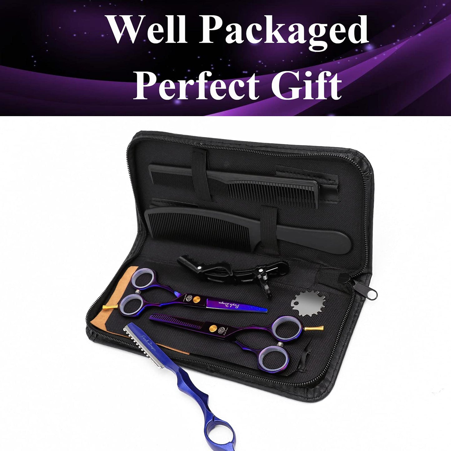 5.5 inch Purple Hair Cutting Scissors Set with Razor, Leather Scissors Case, Barber Hair Cutting Shears Hair Thinning/Texturizing Shears for Professional Hairdresser or Home Use (Purple)