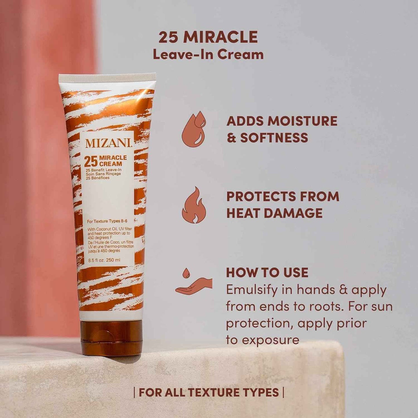 Mizani 25 Miracle Leave-In Curl Cream - Anti-Frizz Heat Protectant, Adds Lightweight Moisture & Softness, With Coconut Oil, For Natural & Curly Hair